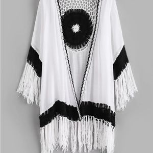 Shoreline Boho Cardigan NWT White and Black Crochet and Macrame Embellishments